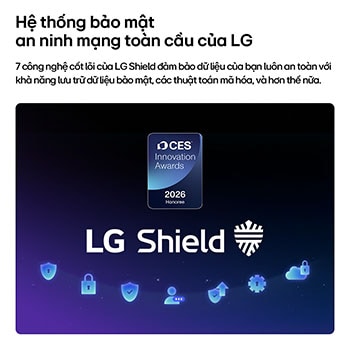 LG Shield, applied to LG OLED evo AI C6, is shown with an LG Shield logo at the center, security icons below, and a 2026 CES Innovation Awards Honoree badge above, representing data and system protection.